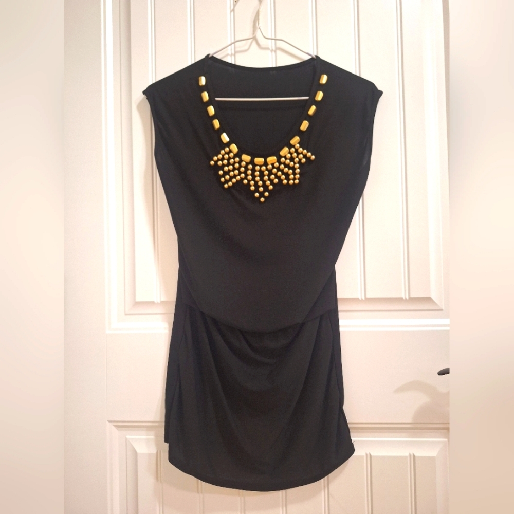Elegant Black Blouse With Gold Beaned Necklace